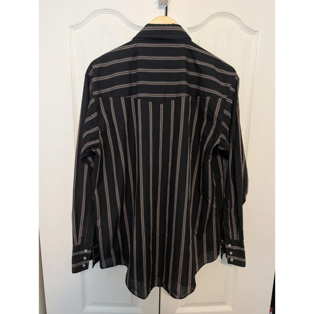 Plains Western Wear Large Shirt Black Pearlsnap Stripe Long Sleeve Cowboy Rodeo - Picture 3 of 4